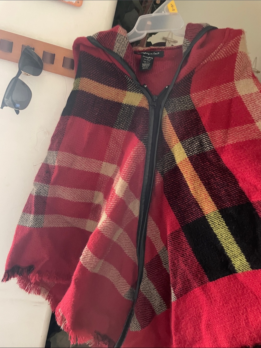 Do Everything in Love Red Plaid Knit Sweater with hood. One Size Cozy Boutique